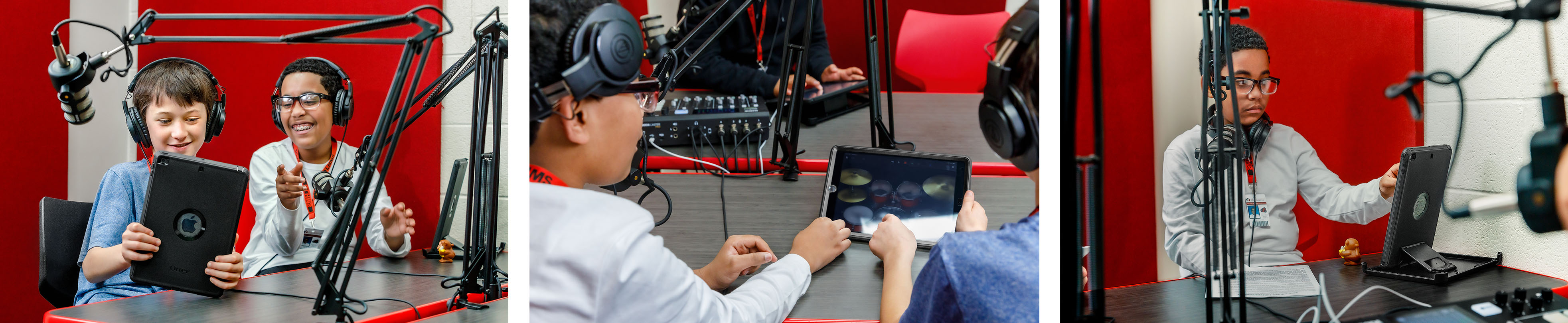 Kids in a recording studio using a tablet