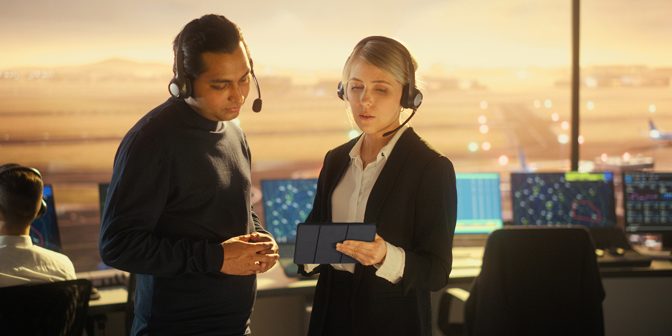 Two airlines workers with tablet